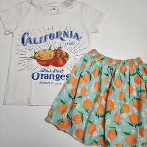 H&M Girls California Summer Oranges Shirt & Skirt Outfit Size 6x/7